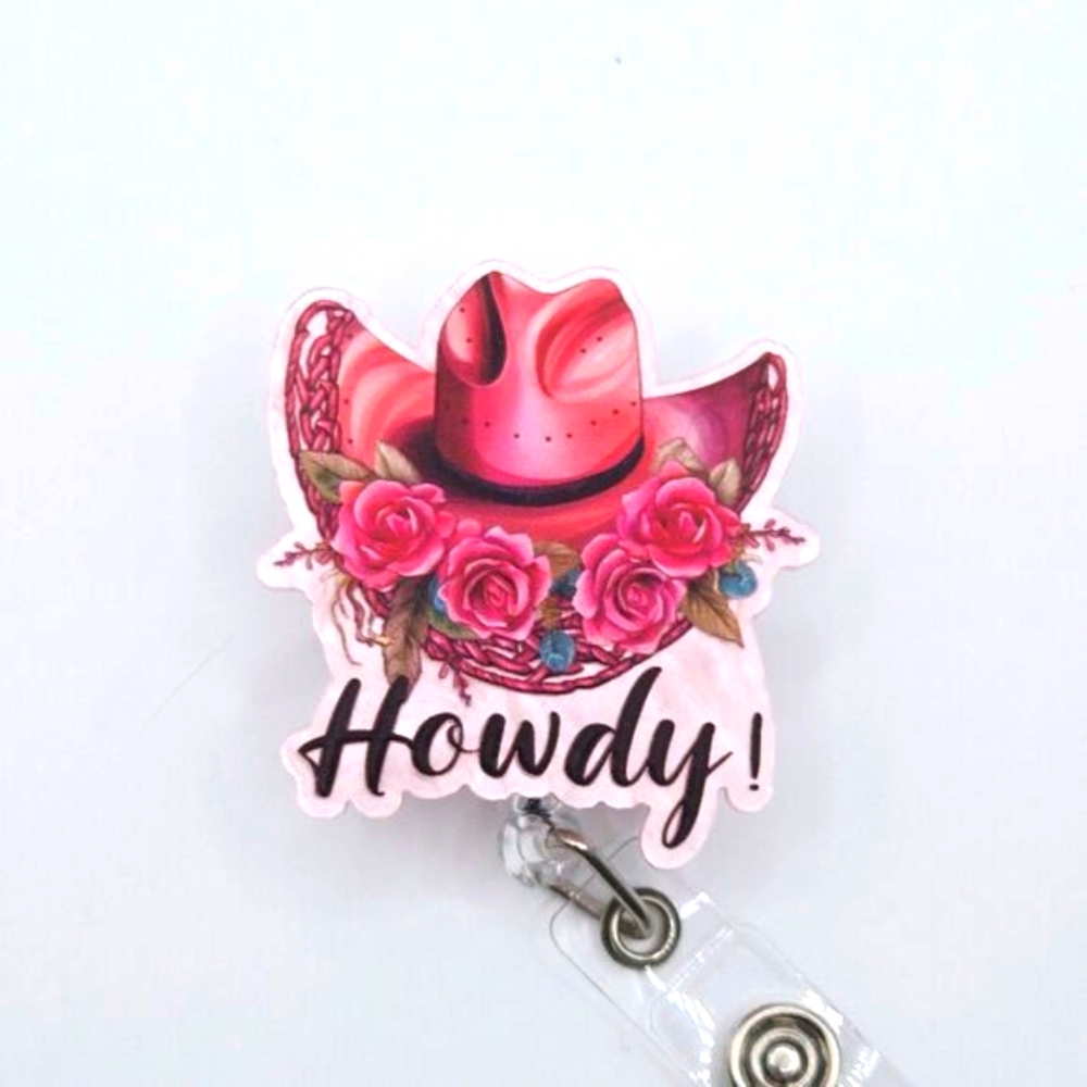 Pink Howdy Western Hat Badge ID Reel Belt Or Alligator Clip Mix And Match